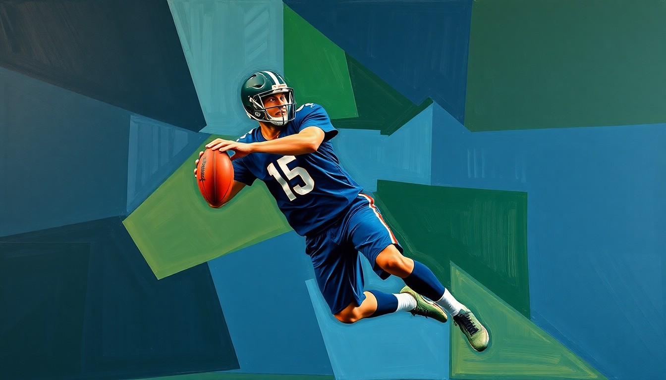 A fragmented, geometric painting depicting a football player in mid-throw motion, with sharp planes of navy, green, and orange conveying the dynamic movement and anticipation of the NFL draft.