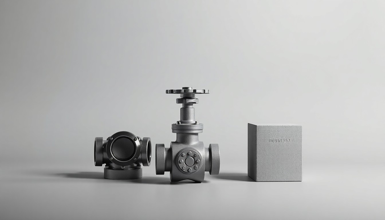 A high-end, photorealistic studio still-life photograph featuring a polished metal pipe fitting, a sleek industrial valve, and a smooth concrete block arranged elegantly on a clean, monochromatic background, conceptually representing abstract energy infrastructure and corporate strategy.