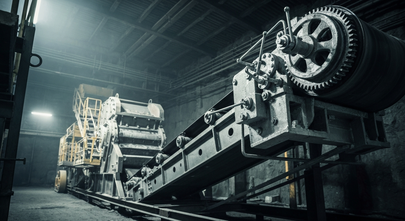 An extreme close-up of gleaming, industrial gold mining machinery and equipment, representing the tangible financial security and banking power of the mining sector.