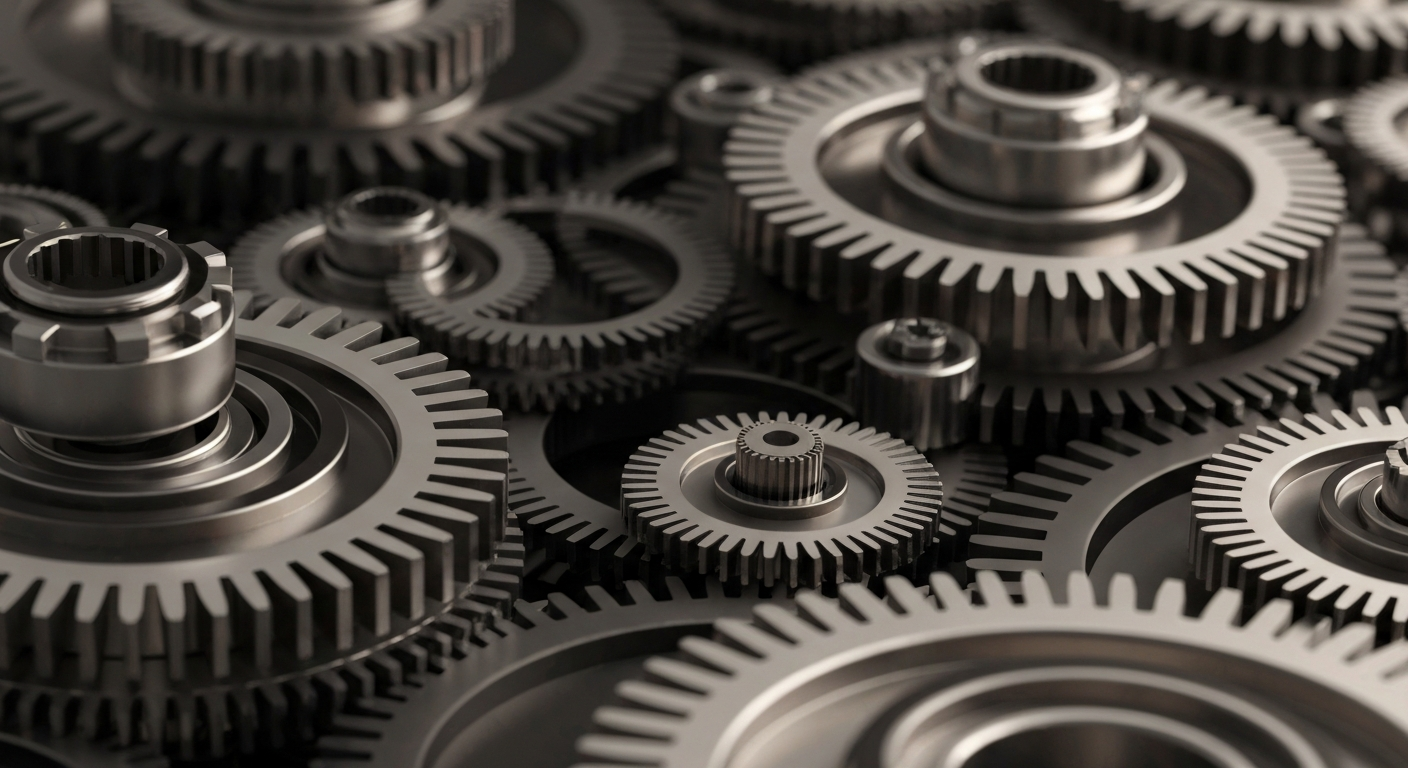 An extreme close-up of heavy, intricate metal machinery and gears in shades of steel gray, bronze, and black, conceptually representing the complex financial infrastructure and institutional power of the biotech industry.
