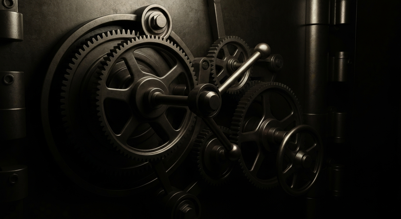 An extreme close-up of the heavy, textured gears and levers of a vintage bank vault, conveying the secure, powerful backbone of the insurance and investment sectors.
