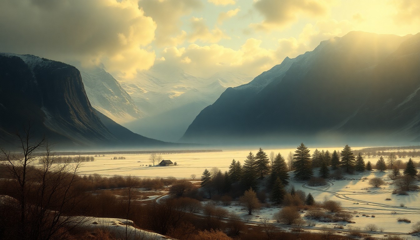 A sweeping, atmospheric landscape painting in muted tones of gray, blue, and white, depicting a vast, frozen expanse under a dramatic, cloudy sky, conceptually representing the looming threat of a late spring freeze in Kansas.