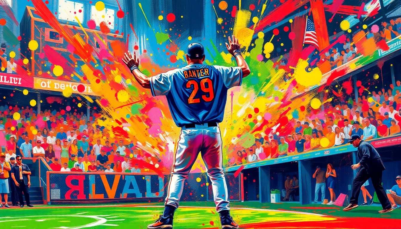 An extreme close-up of a fan's clothing in disarray, captured in a vibrant, expressionist painting style with rapid brushstrokes and neon colors, conceptually illustrating the unexpected chaos of a wardrobe malfunction during a live sports broadcast.
