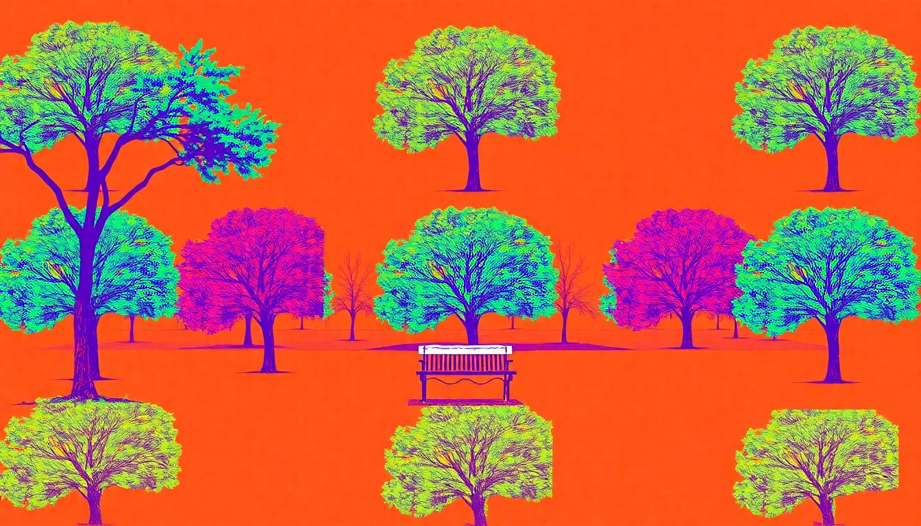 A highly stylized, silkscreen-inspired illustration of a repeating pattern of a Sugar House Park landscape element, such as a tree or bench, rendered in bold, neon-like colors and heavy black outlines, conceptually representing the community's victory in preserving the beloved park.