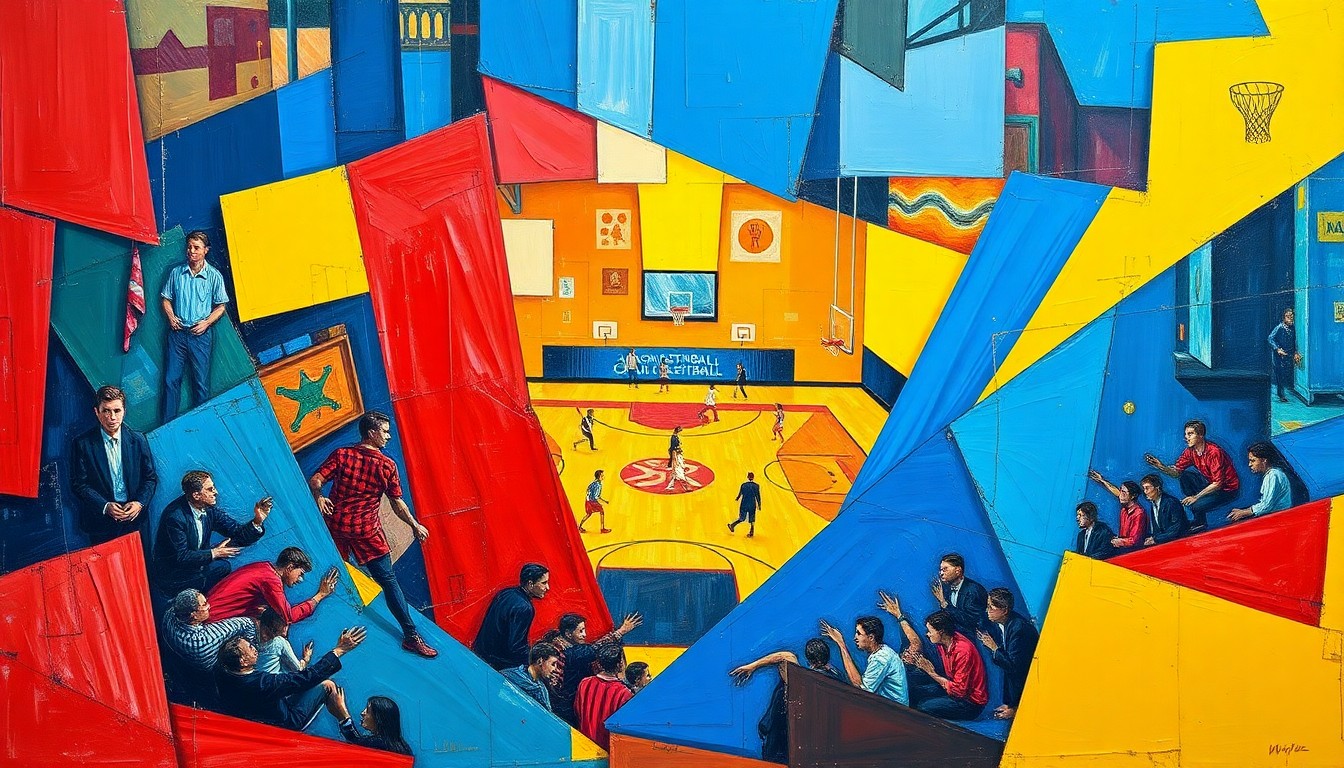 A fragmented, geometric painting in bold primary colors depicting the dynamic action of a high school basketball game, with players and the court deconstructed into sharp, overlapping planes.