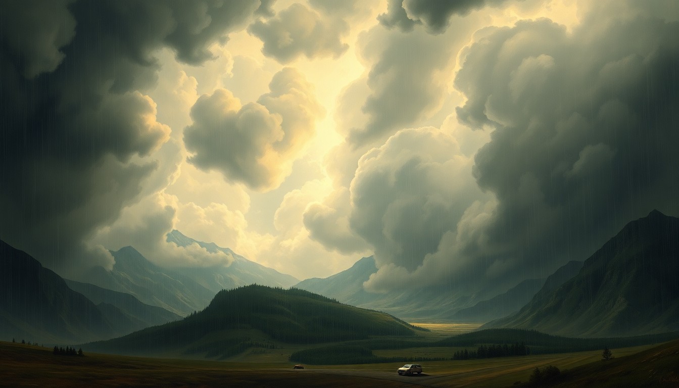 A vast, atmospheric landscape painting in muted tones of gray, blue, and green, with heavy rain clouds dominating the frame and obscuring any visible structures or vehicles, conveying the overwhelming power of the natural world.