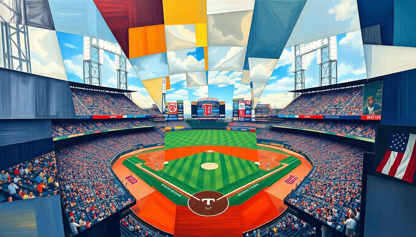 A fragmented, geometric painting depicting a baseball game in motion, with overlapping shapes and planes representing the players, field, and crowd in an abstract, cubist style.