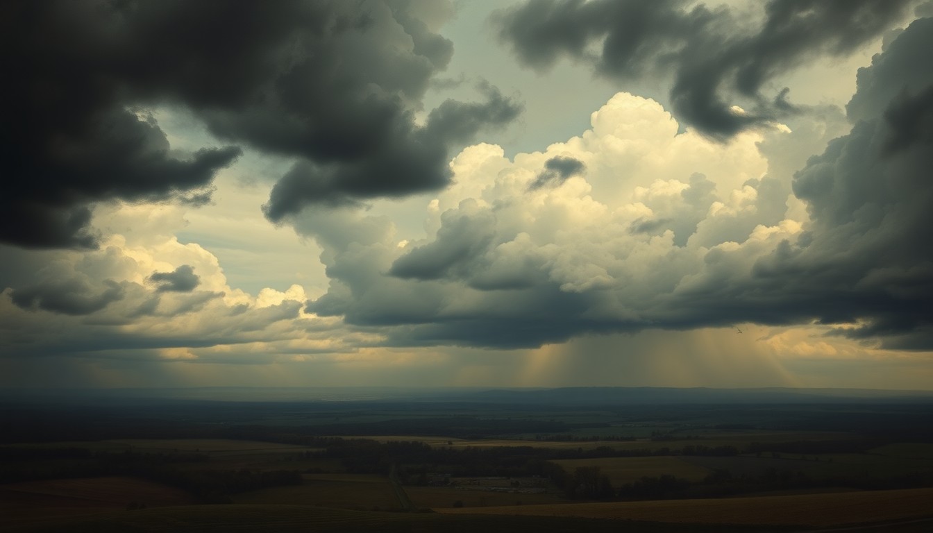 A vast, atmospheric landscape painting depicting a stormy, dramatic sky filled with heavy, ominous clouds casting a moody light over a rural Illinois countryside, conveying the overwhelming scale and power of the impending weather.