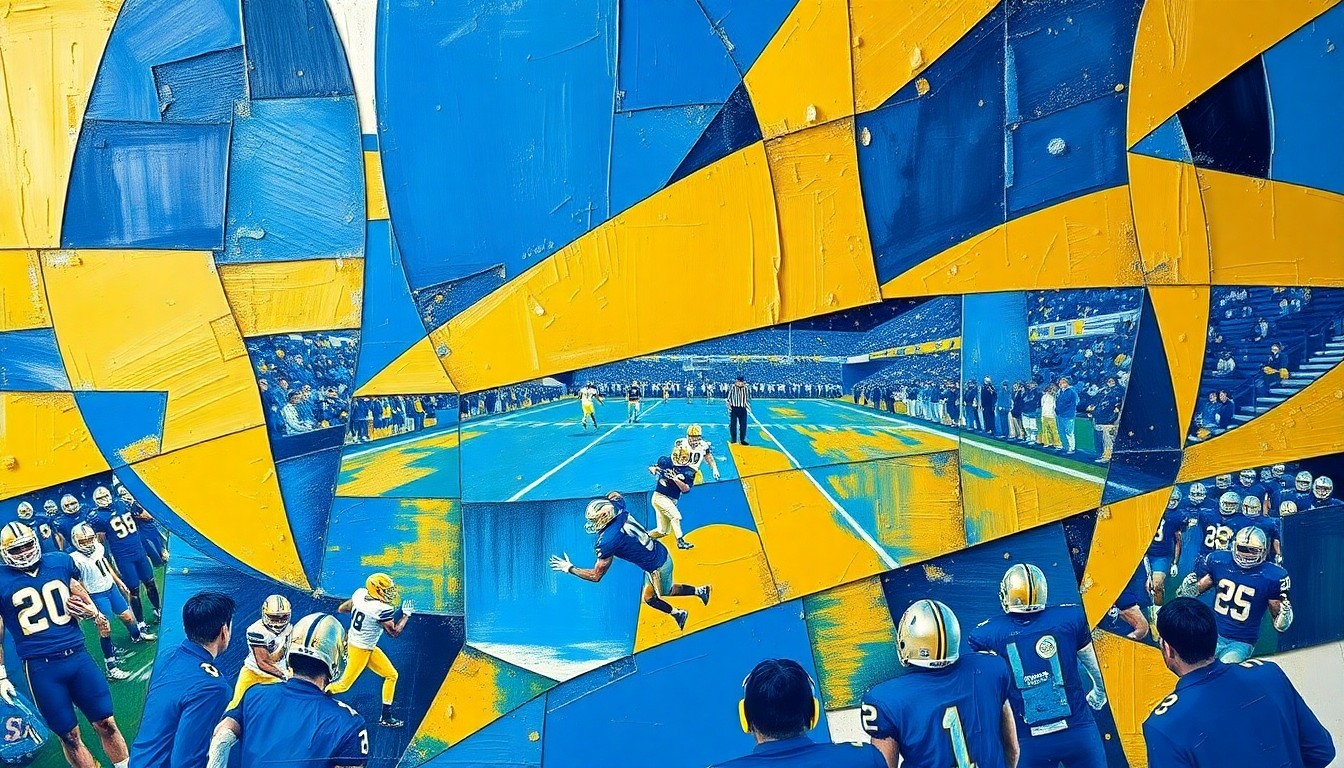 A cubist, geometric painting depicting a high school football game, with overlapping planes of blue and gold colors representing the opposing teams.
