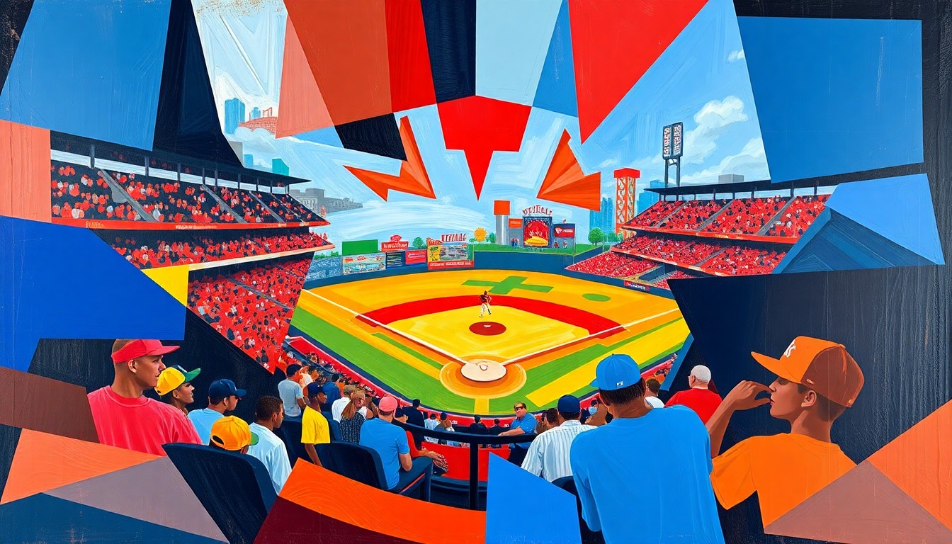 A fractured, multi-perspective painting featuring sharp, overlapping geometric planes in vibrant colors representing the Prairie Stars and Missouri-St. Louis baseball teams, conceptually illustrating the dynamic energy and strategic complexity of their game.