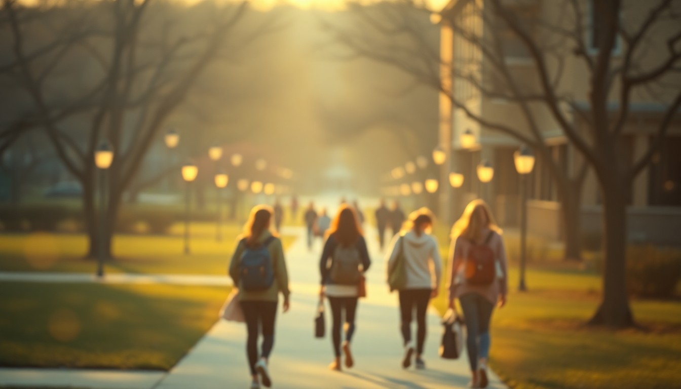 An abstract, out-of-focus photograph of students walking on a college campus, with warm pools of light and color creating a dreamlike, atmospheric scene that captures the mood of inclusivity and support for diverse student experiences.
