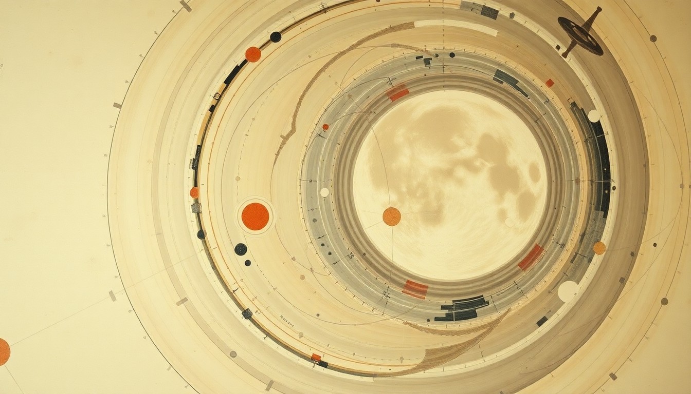 A bold, abstract painting in the style of Hilma af Klint, featuring sweeping geometric arcs, concentric circles, and precise botanical spirals in earthy tones, conceptually representing the complex forces and structures of space travel and the moon's orbit.