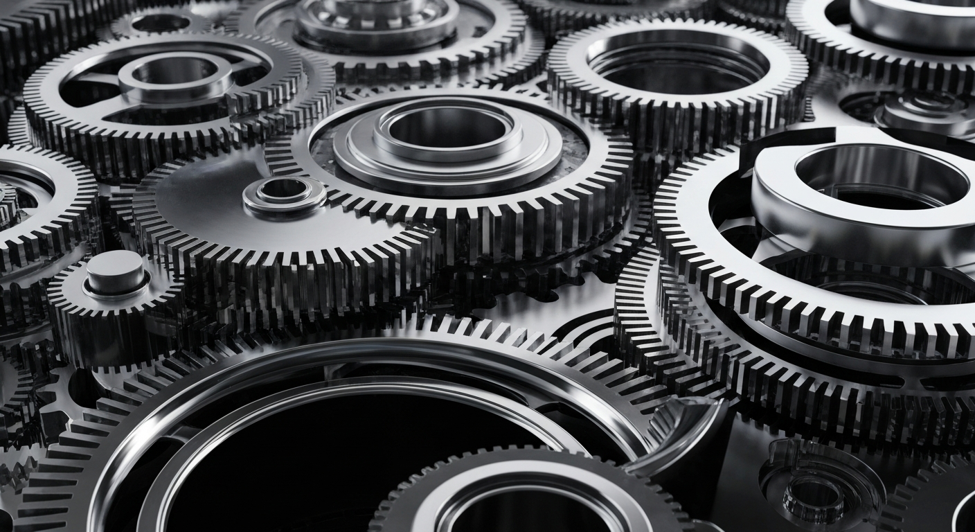 A highly detailed, cinematic close-up of the intricate mechanical components and polished metal surfaces that make up the complex financial infrastructure of the semiconductor industry, serving as a conceptual representation of the institutional investment strategies and portfolio shifts that impact technology companies.