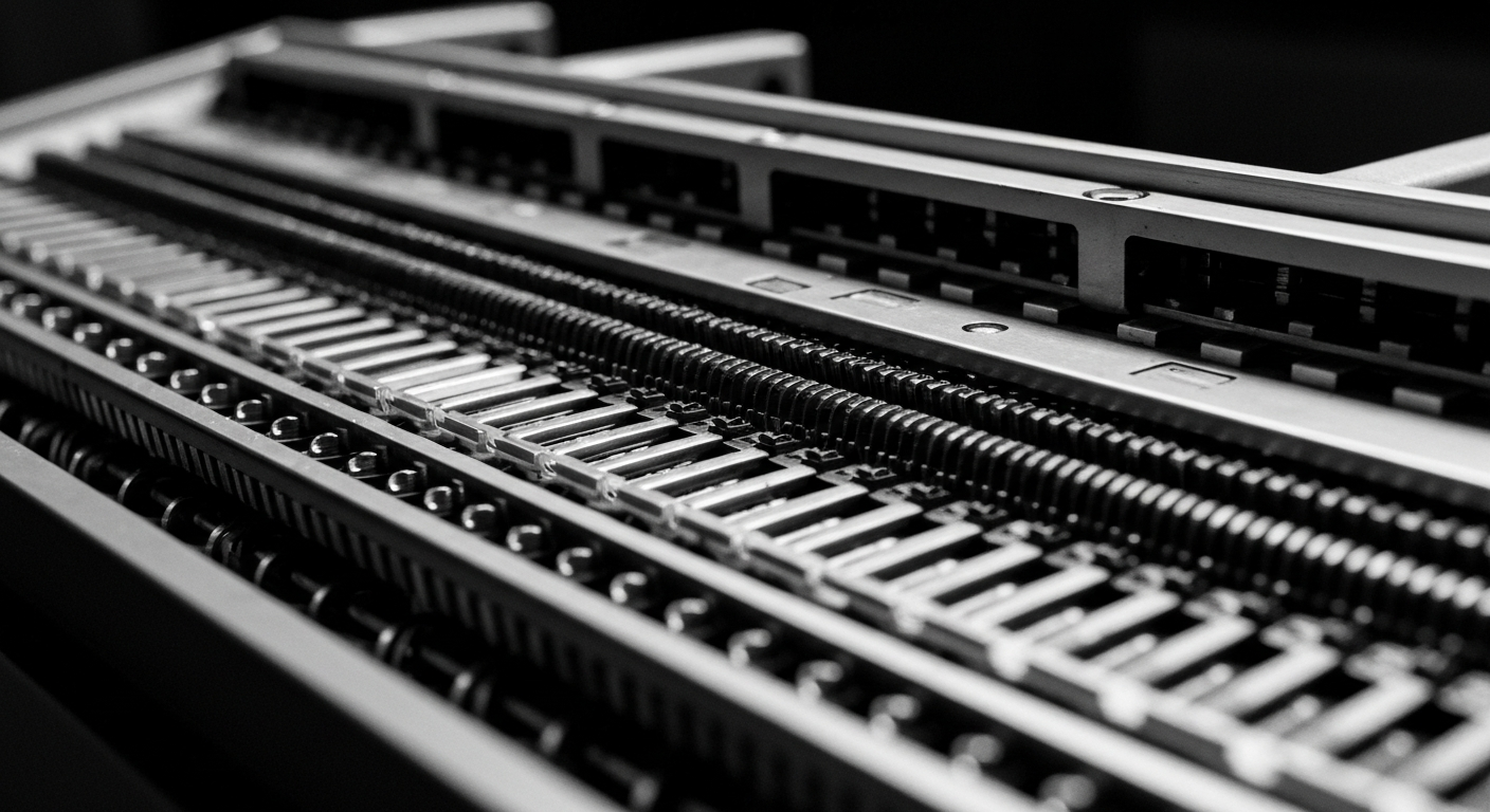 An extreme close-up of the inner workings of a financial data processing machine, with gears, circuits, and metallic components filling the frame in a high-contrast, industrial style that conceptually represents the complex mechanics of modern institutional investing.