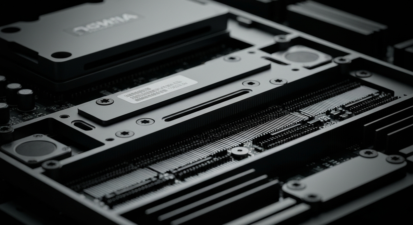 An extreme close-up of the complex, metallic internal components and circuits of a high-performance graphics processing unit, conveying a sense of technological sophistication and power without any visible branding or text.