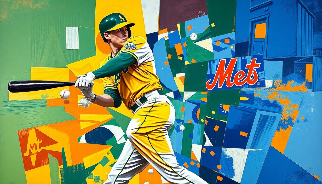 A fragmented, geometric painting depicting the motion of a baseball player, with sharp planes of green, gold, blue, and orange representing the uniforms of the Oakland A's and New York Mets.