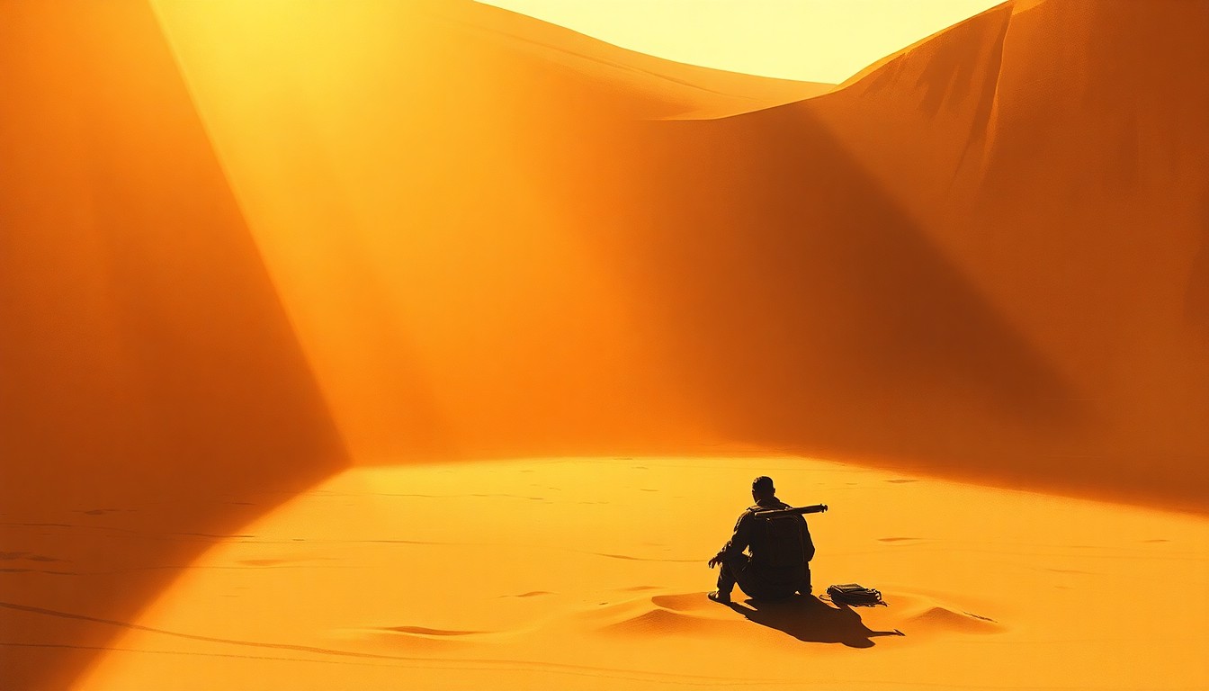 A solitary figure in the desert, painted in warm, textured brushstrokes of ochre and sienna, conveying the isolation and challenge of the downed airman's situation.