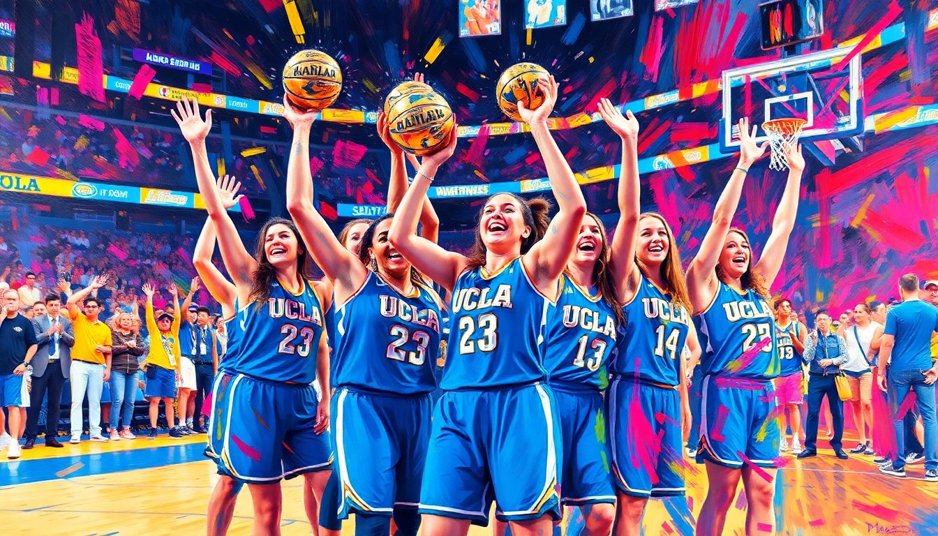 An abstract, energetic painting in neon colors depicting the UCLA Bruins women's basketball team celebrating their national championship on the court.