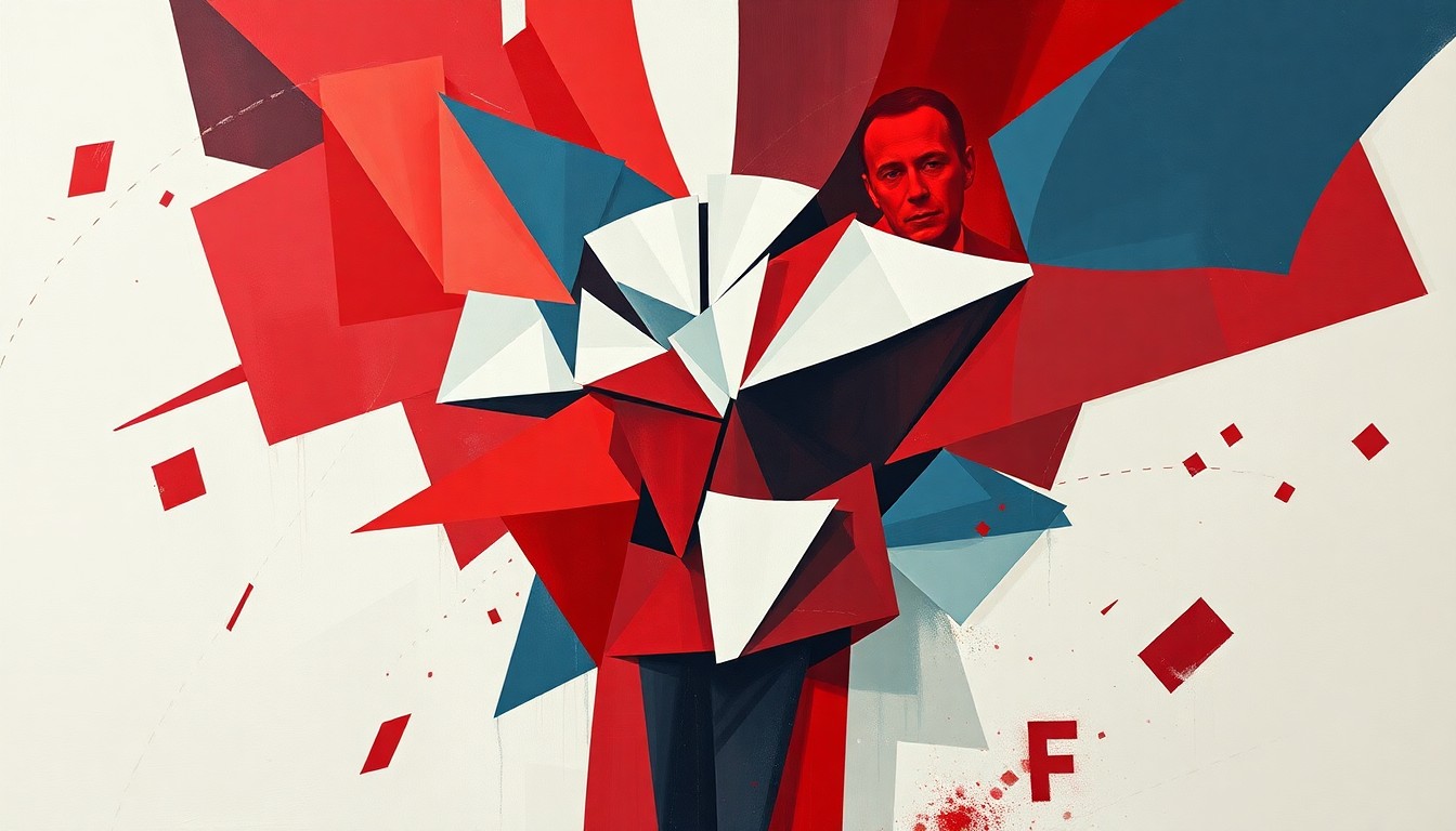 An abstract, fragmented painting in red, white, and blue hues depicting an amorphous figure representing the contentious political debate over immigration policy, with overlapping geometric shapes and lines conveying a sense of motion and conflict.