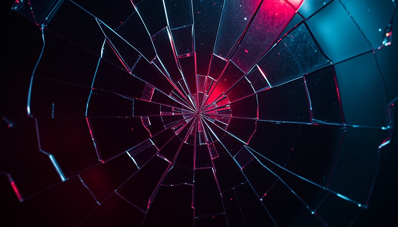 An abstract close-up photograph of shattered glass reflecting a faint red light, conveying the fragile emotional state after a celebrity breakup.