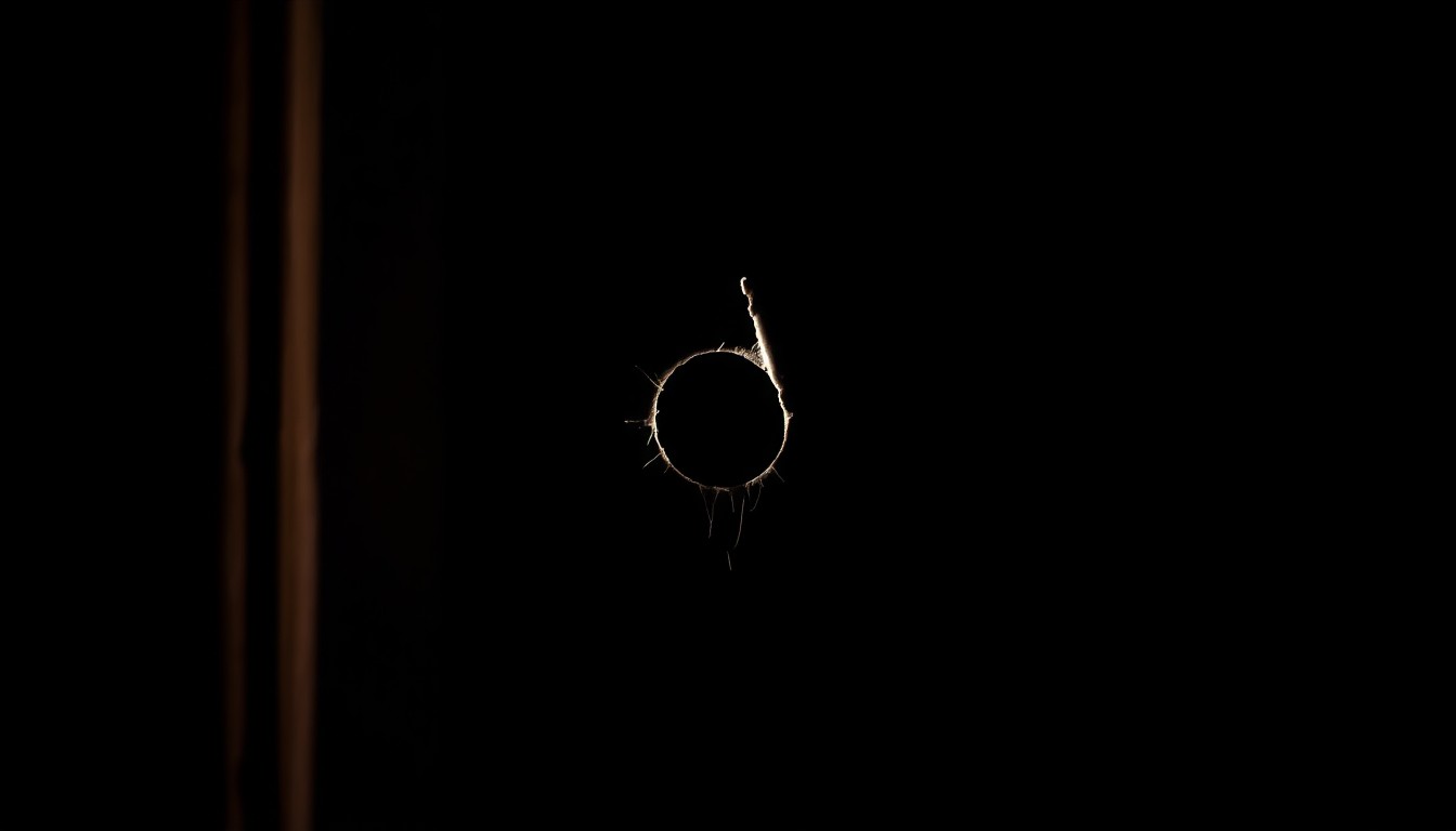 An extreme close-up photograph of a bullet hole in a wooden door, capturing the stark, gritty, and investigative nature of this crime scene.