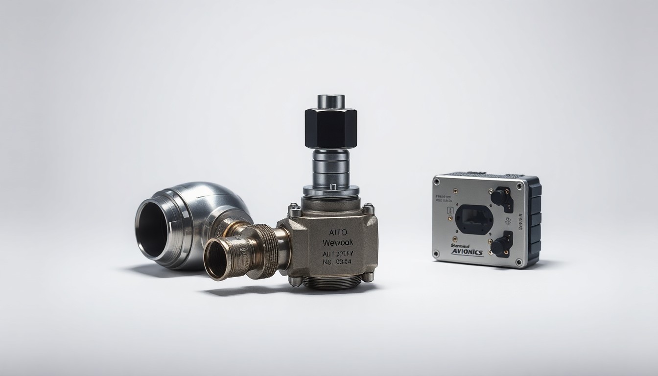 A high-end, photorealistic studio still-life photograph featuring a polished metal aircraft component, a sleek hydraulic valve, and a precision-machined avionics module arranged elegantly on a clean, monochromatic seamless background, conceptually representing the technical expertise and quality craftsmanship of Sherwood Avionics' MRO services.