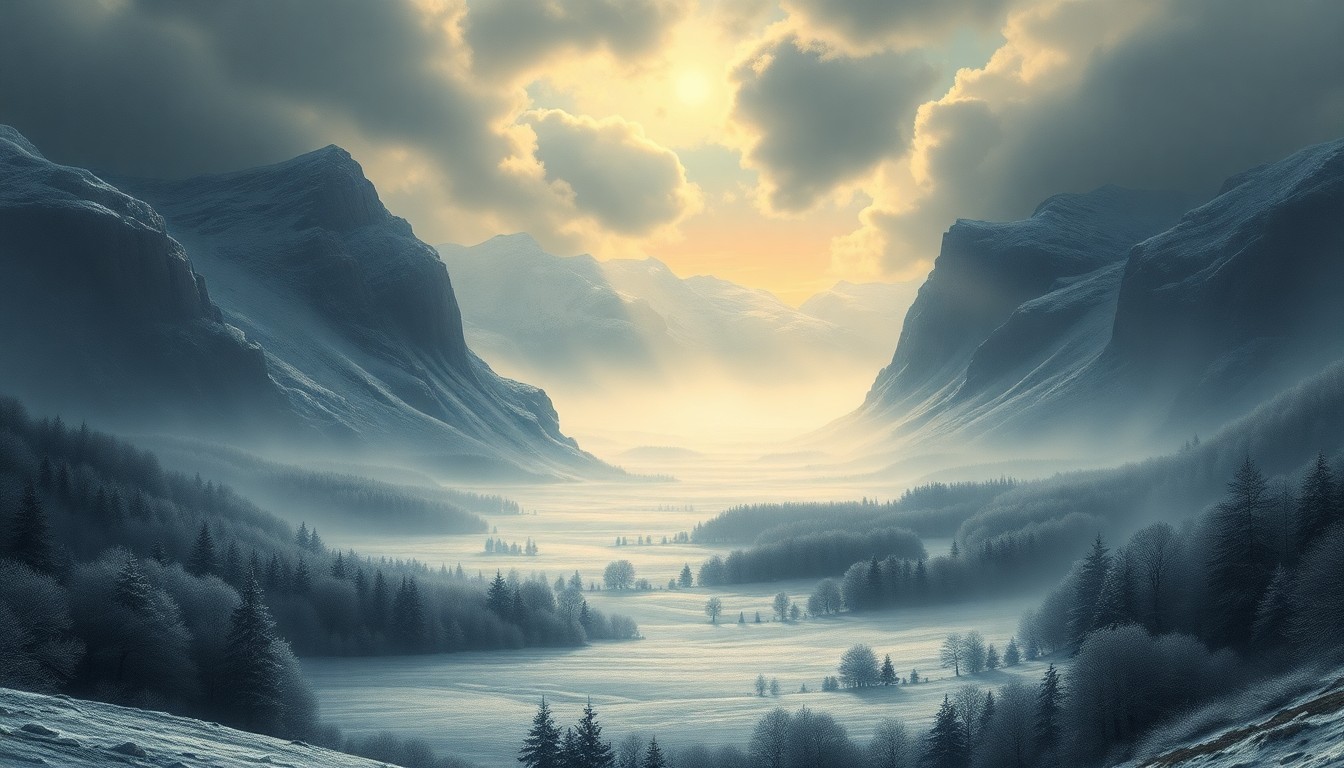 A vast, atmospheric landscape painting in muted tones of blue, grey, and white, with a thin layer of frost obscuring the details of the scene and creating a sense of melancholy and the sublime power of nature.