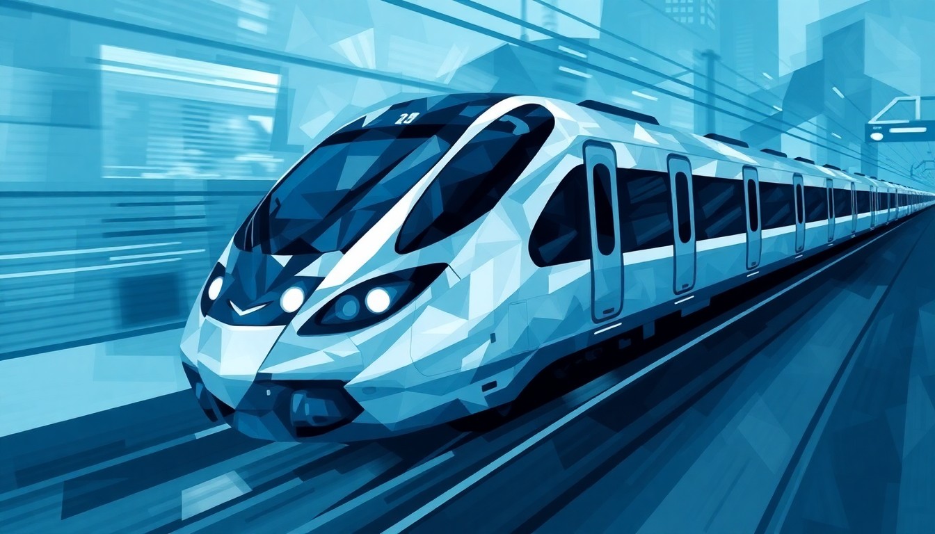 A dynamic, fragmented painting of a high-speed train in motion, with overlapping geometric shapes and lines in shades of blue, gray, and silver, conveying a sense of speed and uncertainty around the project's future.