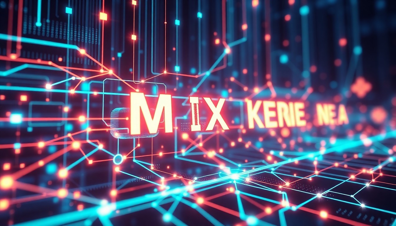 A highly detailed 3D illustration of a glowing, neon-lit cryptocurrency mixing protocol interface, with pulsing data streams and abstract geometric forms, conceptually representing the complex, interconnected nature of decentralized finance technologies.