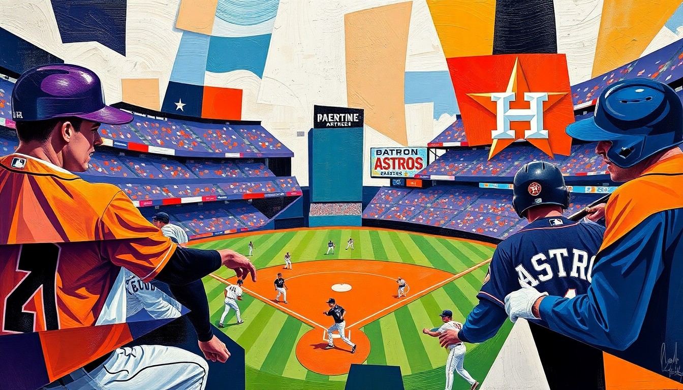 A cubist, geometric painting depicting a baseball game, with the players and field broken down into overlapping, angular shapes in the Rockies' and Astros' team colors.