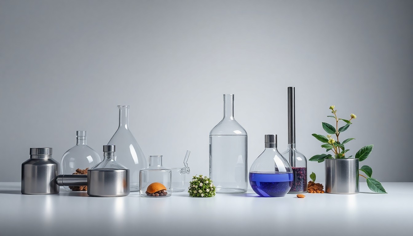 A high-end, photorealistic studio still-life photograph featuring a collection of premium, polished objects representing the key materials and processes of the biosurfactants industry, conveying the abstract concepts of industrial chemistry, regulatory compliance, and sustainable innovation.