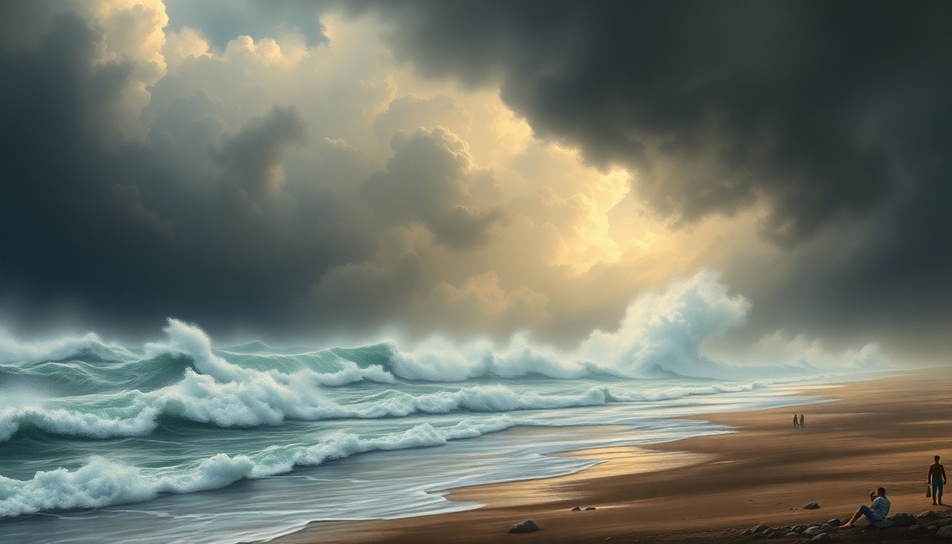 A vast, dramatic landscape painting depicting a stormy seascape with massive, turbulent waves crashing against the shore, conveying the overwhelming power of the natural elements.