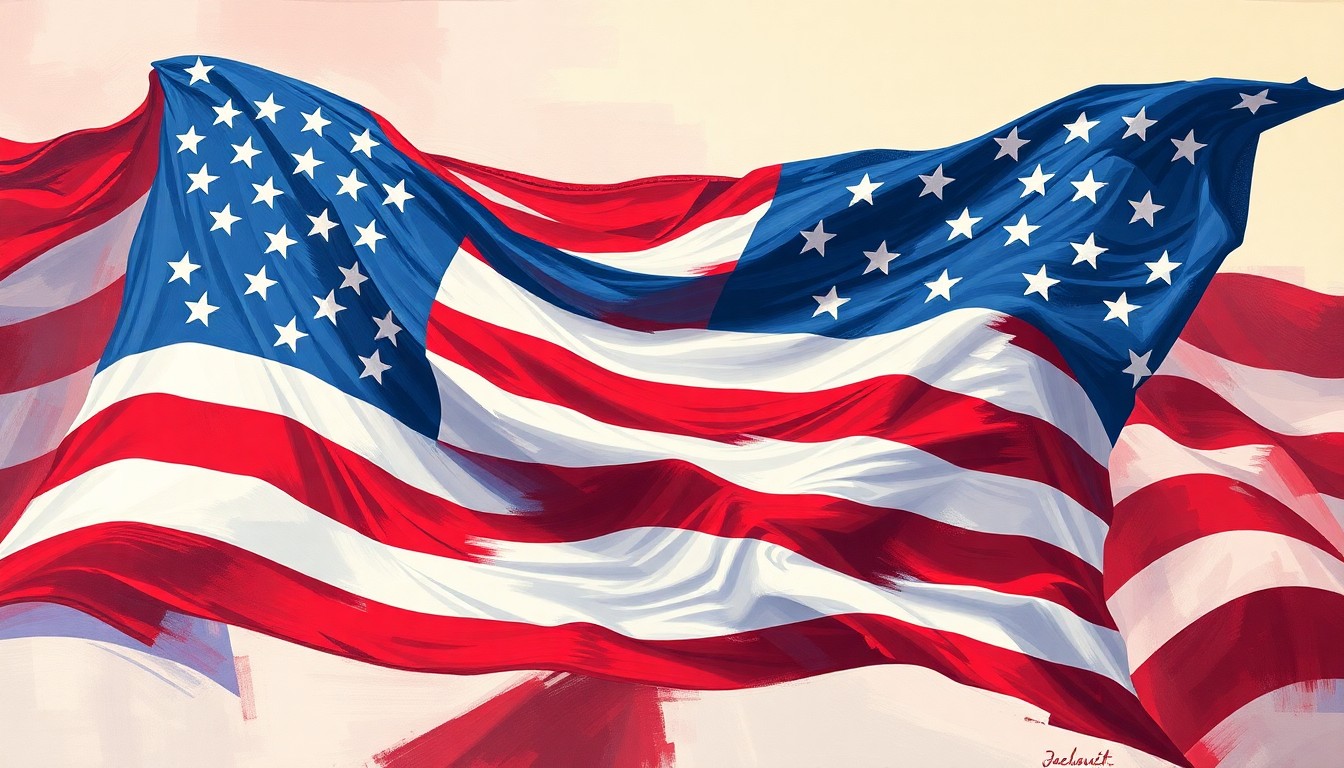 A dynamic, abstract painting of an American flag waving in the wind, with the flag's elements repeated in overlapping, geometric waves of red, white, and blue, conveying a sense of turbulence and political polarization.