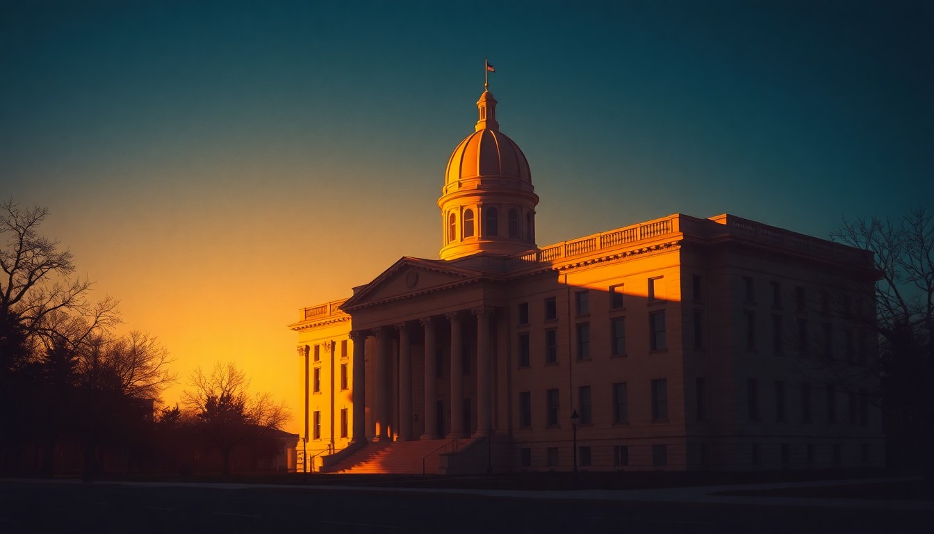 A serene, cinematic painting of the North Dakota state capitol building, its grand architecture bathed in warm, golden light and deep shadows, conveying a sense of quiet contemplation about the state's evolving political landscape.