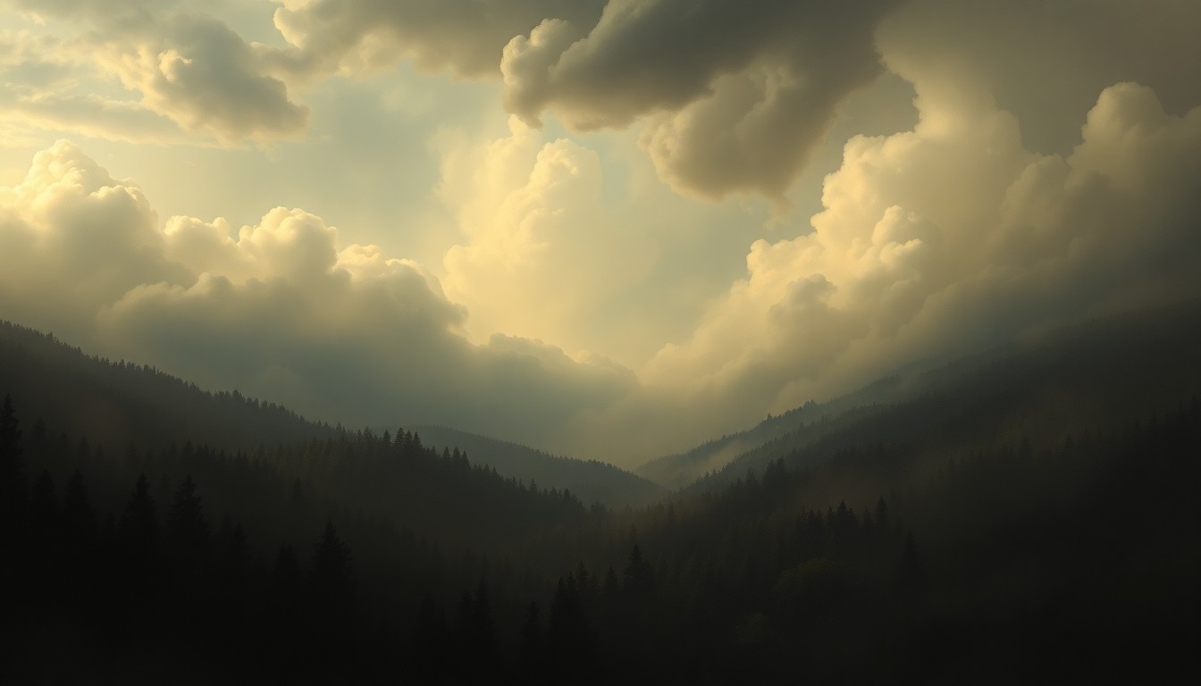 A vast, atmospheric landscape painting in muted tones of green, gray, and blue, depicting a dense, hazy forest under a dramatic, cloudy sky. The towering, shadowy trees and thick, billowing clouds convey a sense of the overwhelming, sublime power of nature.