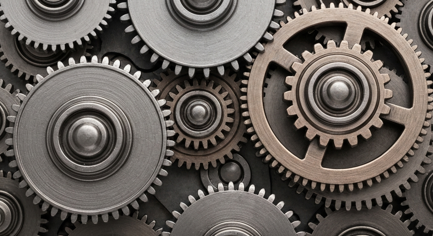 An extreme close-up of heavy, industrial mechanical components in shades of steel gray, bronze, and black, conceptually representing the complex financial infrastructure underlying consumer staples companies.