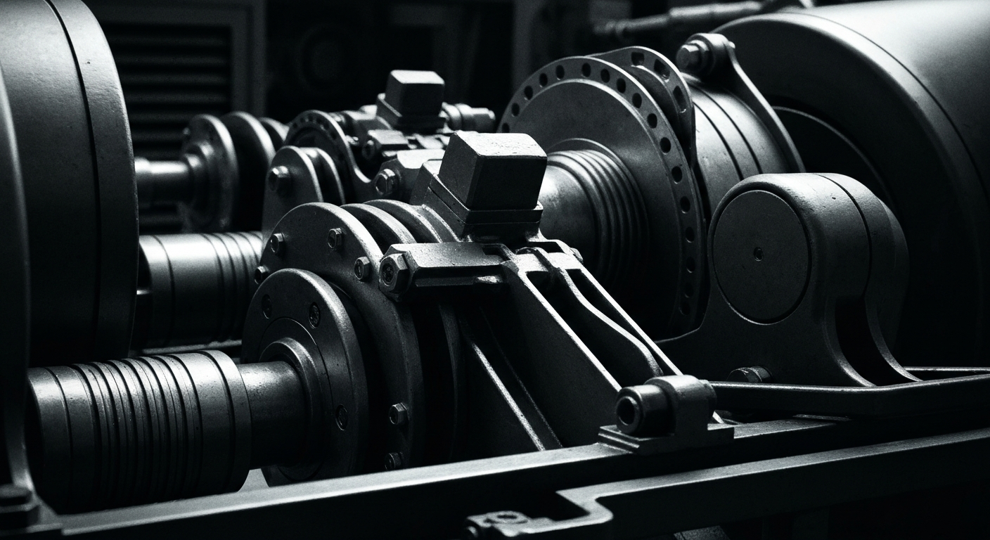 A close-up view of heavy, industrial machinery and equipment used in aircraft leasing and financing, rendered in a high-contrast, black-and-white style that emphasizes the physical, tangible nature of the financial infrastructure supporting the aviation industry.