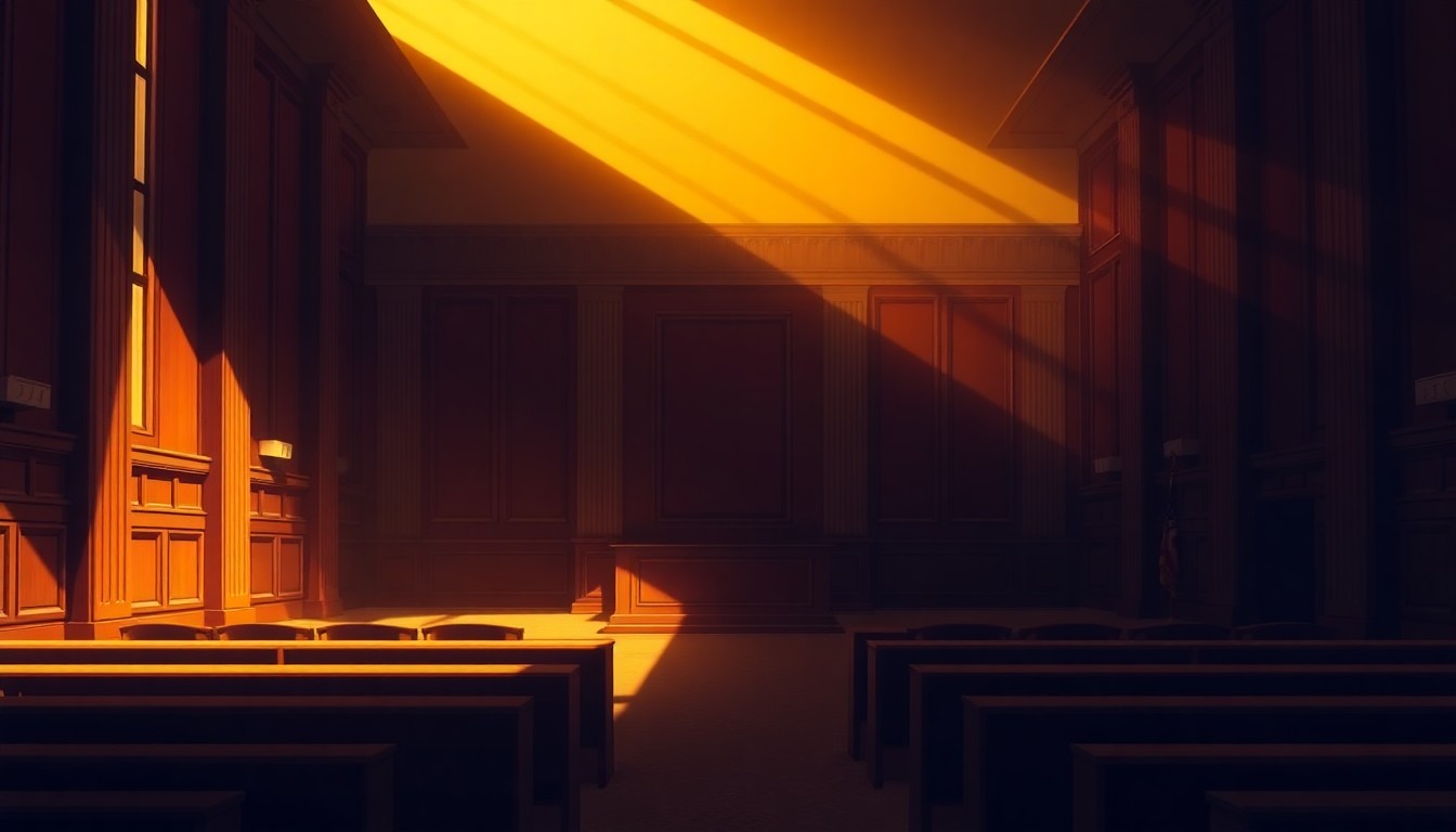 A dimly lit, empty courtroom with wooden benches and a judge's bench in the center, the space filled with warm, golden light streaming through tall windows and casting deep shadows across the floor and walls, conveying a sense of solemn contemplation.
