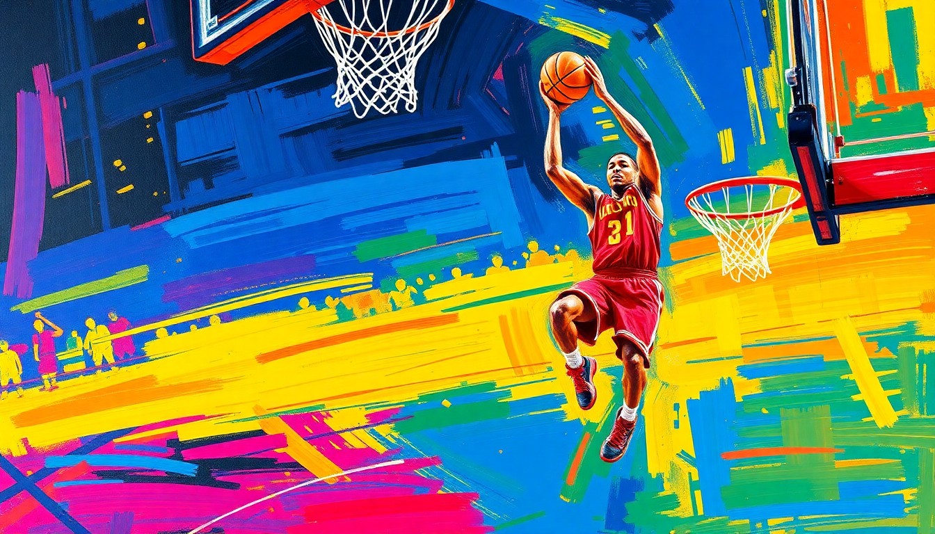 An abstract expressionist painting using vibrant neon colors and rapid brushstrokes to capture the raw energy and competitive spirit of a basketball player in motion, the player's face and details obscured in the energetic strokes.