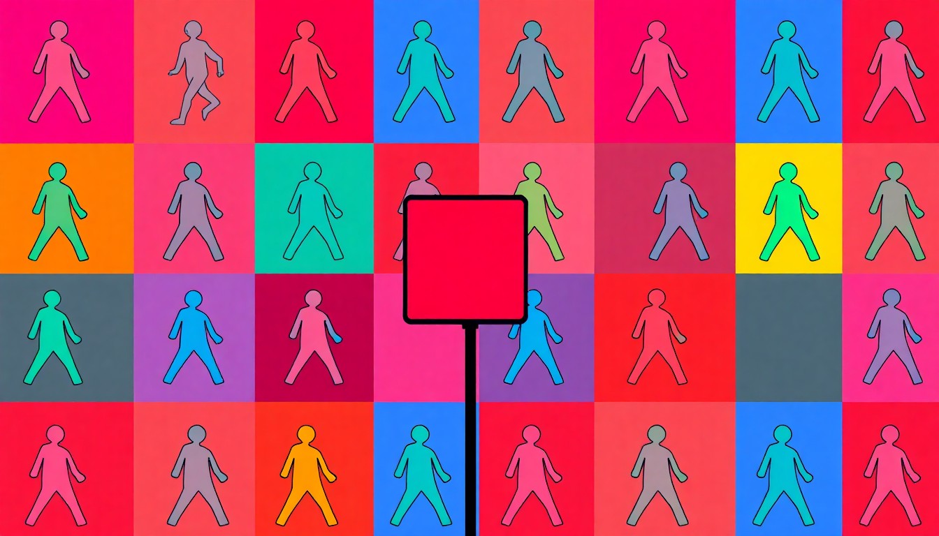 A brightly colored, high-contrast silkscreen print of a single, iconic pedestrian crossing sign repeated in a tight grid pattern, utilizing flat, vibrant, and unnatural neon color palettes overlapping with heavy black photographic outlines to turn an everyday traffic safety symbol into modern pop art.