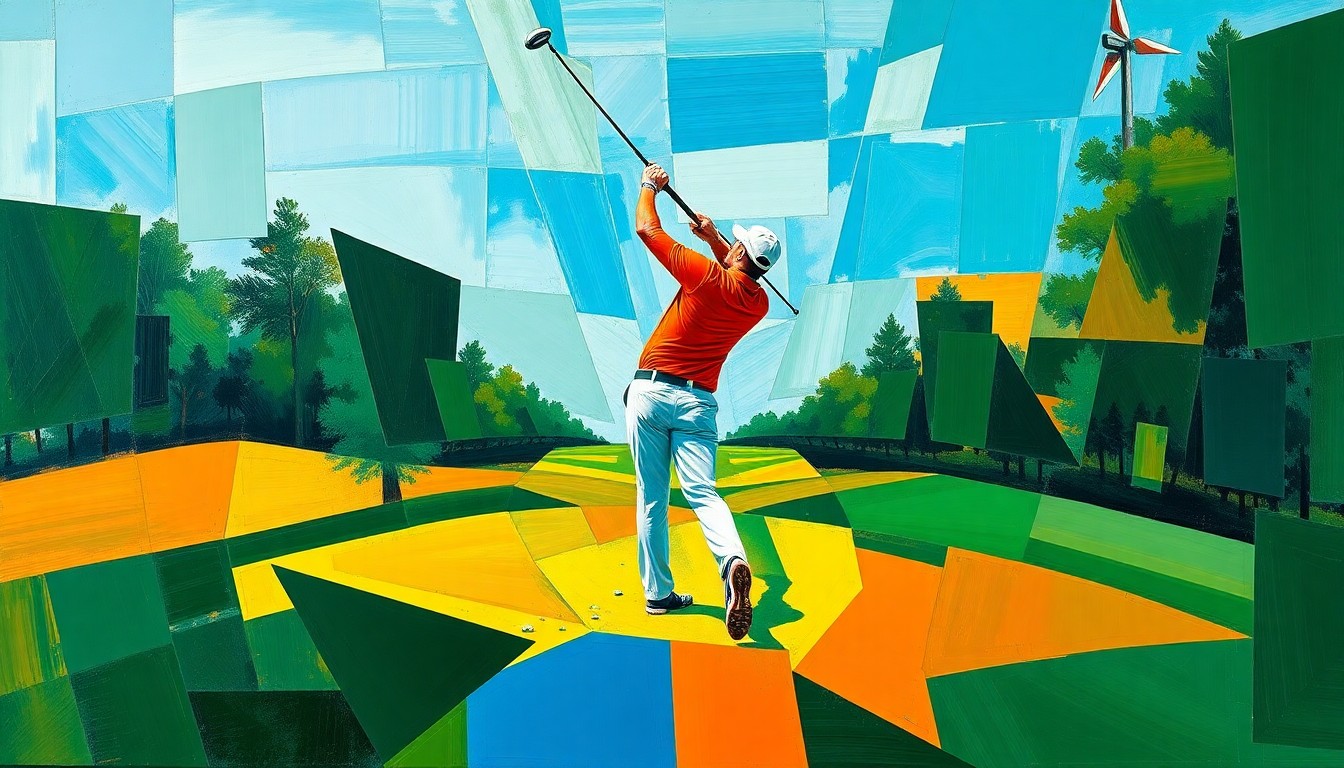 A cubist, geometric painting depicting a deconstructed golf swing or match, with sharp planes of green, blue, and orange overlapping to create a dynamic, fragmented visual representation of the sport.