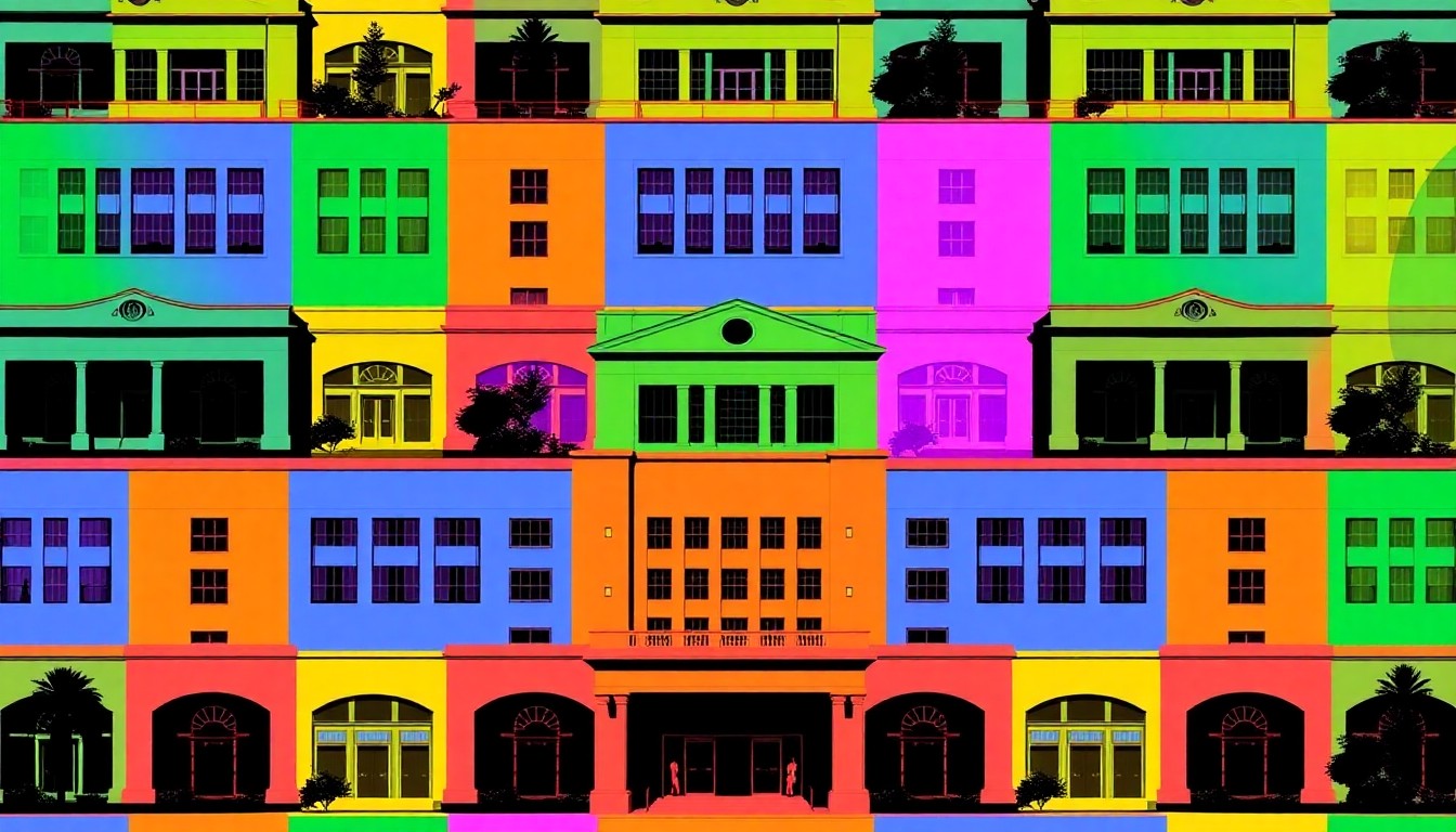 A highly stylized, abstract silkscreen print featuring a repeated image of a prominent FAMU campus building in a grid of bold, neon colors and heavy black outlines, capturing the celebratory mood of the university's presidential investiture ceremony.