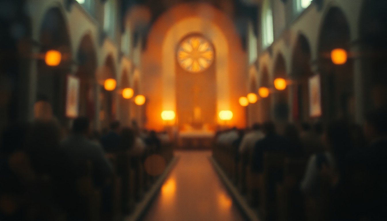 An extremely blurred and abstracted photograph of a dimly lit church interior, with soft pools of warm light and color creating a contemplative and communal atmosphere.