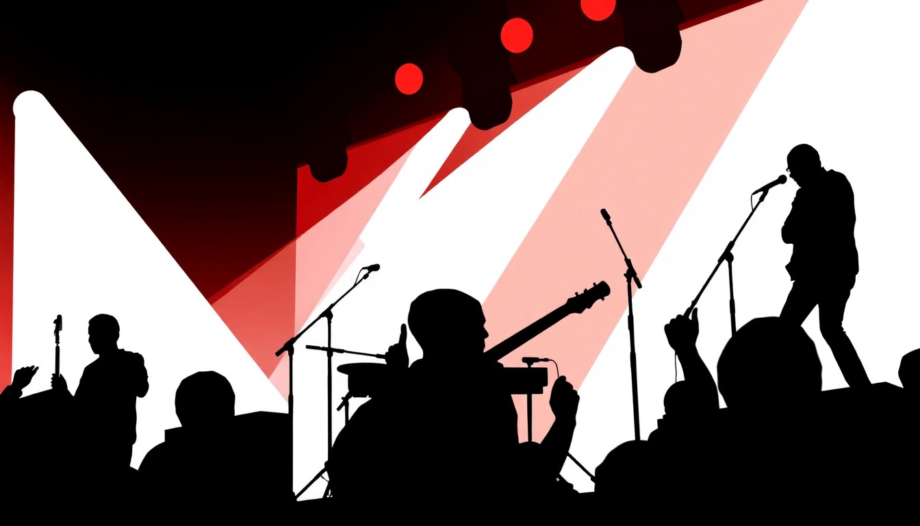 A striking abstract illustration using bold black shapes and bright colors to represent the energy and variety of live music events happening in Montgomery.