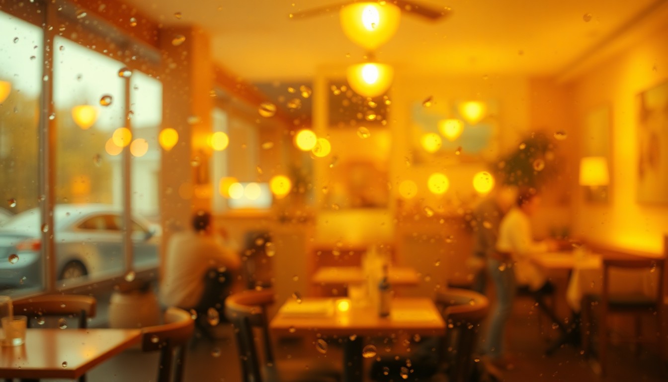 An abstract, blurred image composed of warm, hazy colors and soft shapes representing dining and restaurant scenes, conveying a sense of comfort and community around local eateries.
