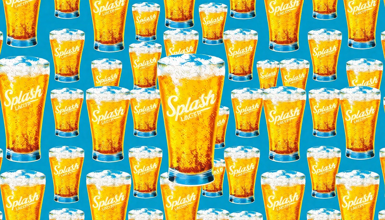 A vibrant, pop art-inspired illustration featuring a repeating pattern of a frosty glass of golden lager beer, conceptually representing the new Splash Lager brew created by Twisted Elk Brewery for Splash Lagoon water park.