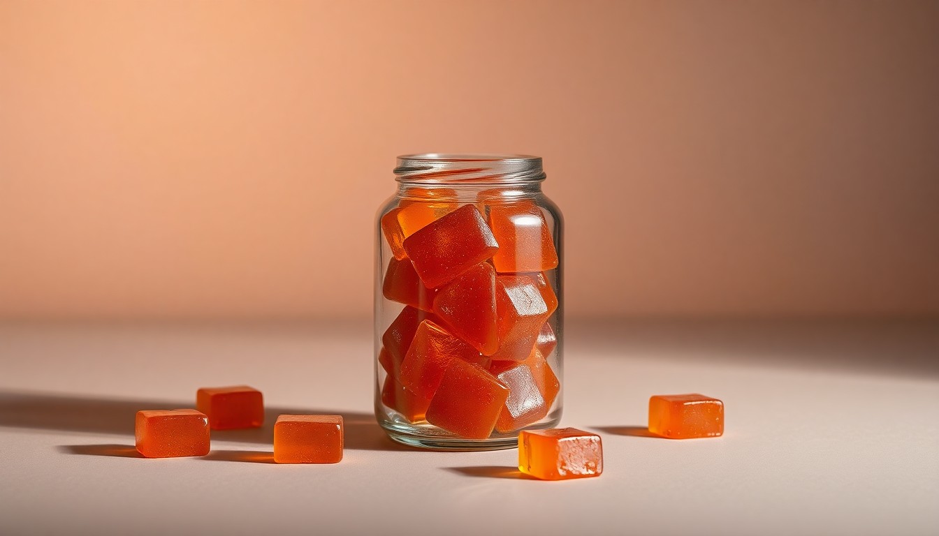 A close-up photograph of a glass jar filled with amber-colored, premium live rosin gummies arranged elegantly on a clean, monochromatic background, conceptually representing the high-quality, solventless nature of the product.