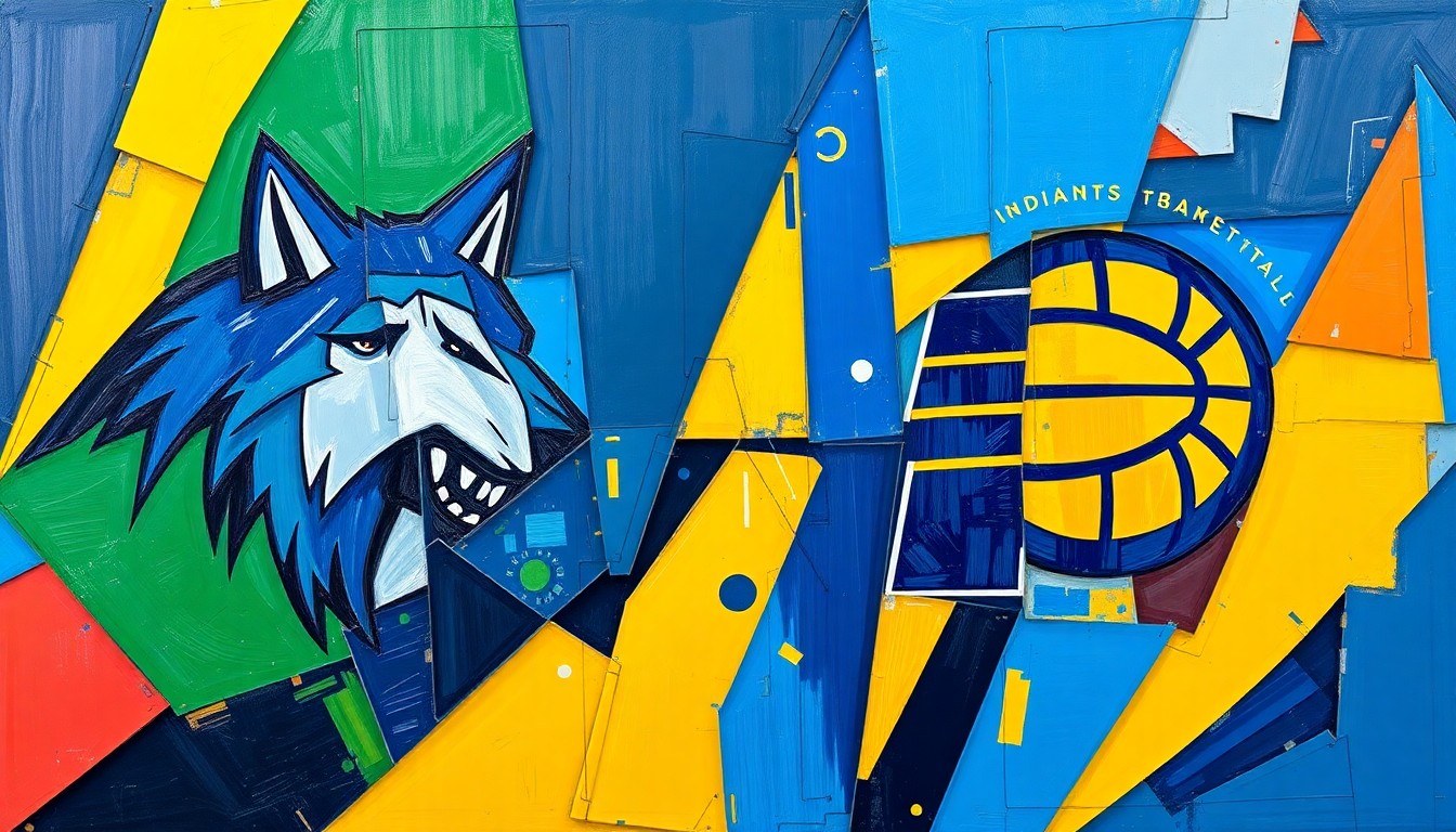 A cubist, geometric painting depicting a basketball game between the Minnesota Timberwolves and Indiana Pacers, with overlapping planes of blue, green, gold, and red conveying the energy and movement of the sport.