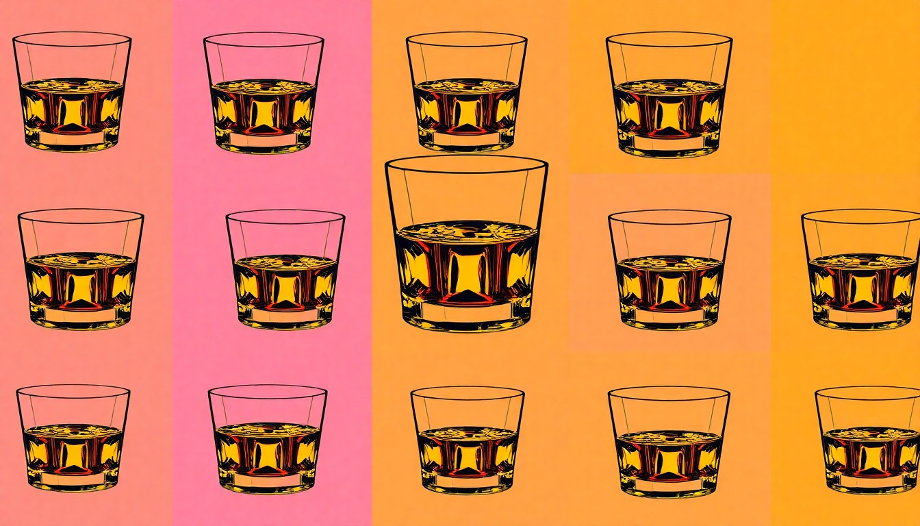 A brightly colored, high-contrast silkscreen print of a single, iconic whiskey glass repeated in a tight grid pattern, utilizing flat, vibrant, and unnatural neon color palettes overlapping with heavy black photographic outlines to turn an everyday lifestyle object into modern pop art.