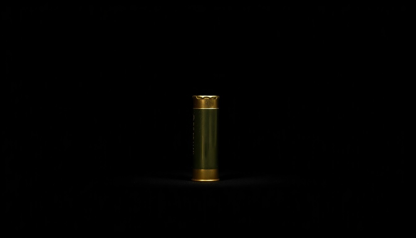An extreme close-up photograph of a single handgun cartridge casing against a pitch-black background, lit by a harsh camera flash, conceptually representing evidence from a weapons-related crime.